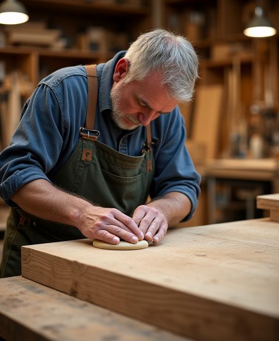 A master craftsman sanding a piece of solid timber in the Timber Hearth Furnishings workshop.