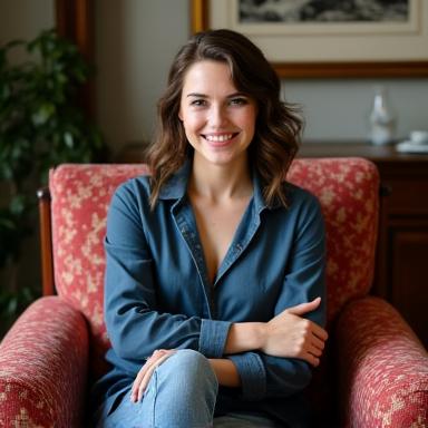 Sarah Jenkins with her restored antique armchair.