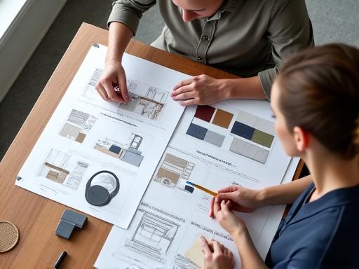 A designer and client reviewing furniture blueprints.