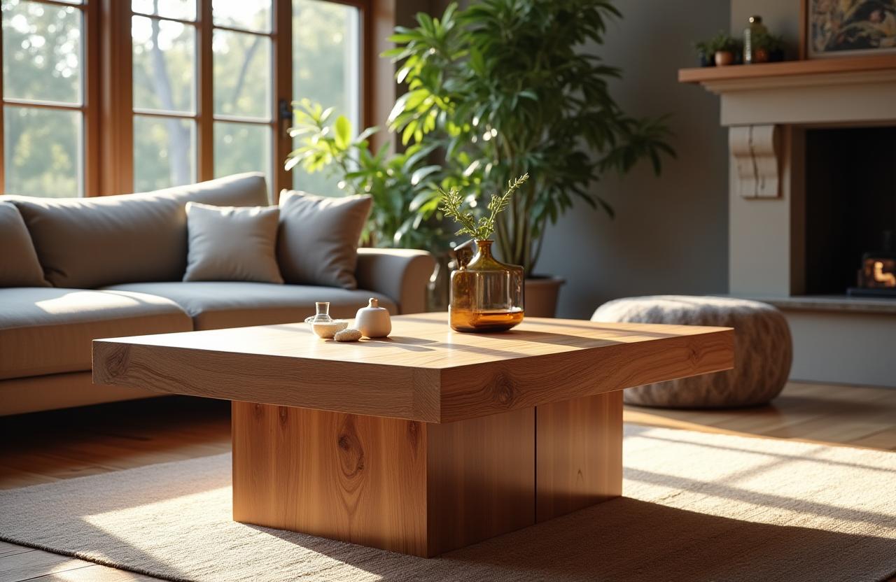 A beautifully crafted bespoke timber coffee table in a modern, sunlit living room.